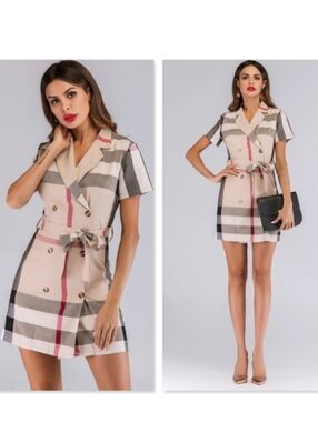 Beige Plaid Double-Breasted Belted Shirt Dress BURBERRY PRINT Large Fits S/M